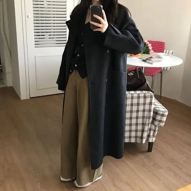 

Women's Woolen Coat Chic Autumn Winter New Sle Classy Faion Turn-down Collar Button Loose Slimming Mid-length Coat