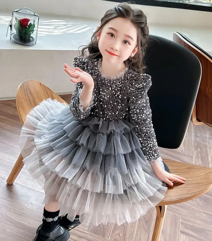 New Baby Girls Fall Boutique Long Sleeve Sequined Cake Dress, Princess Kids Sweet Party Dresses 3-8T