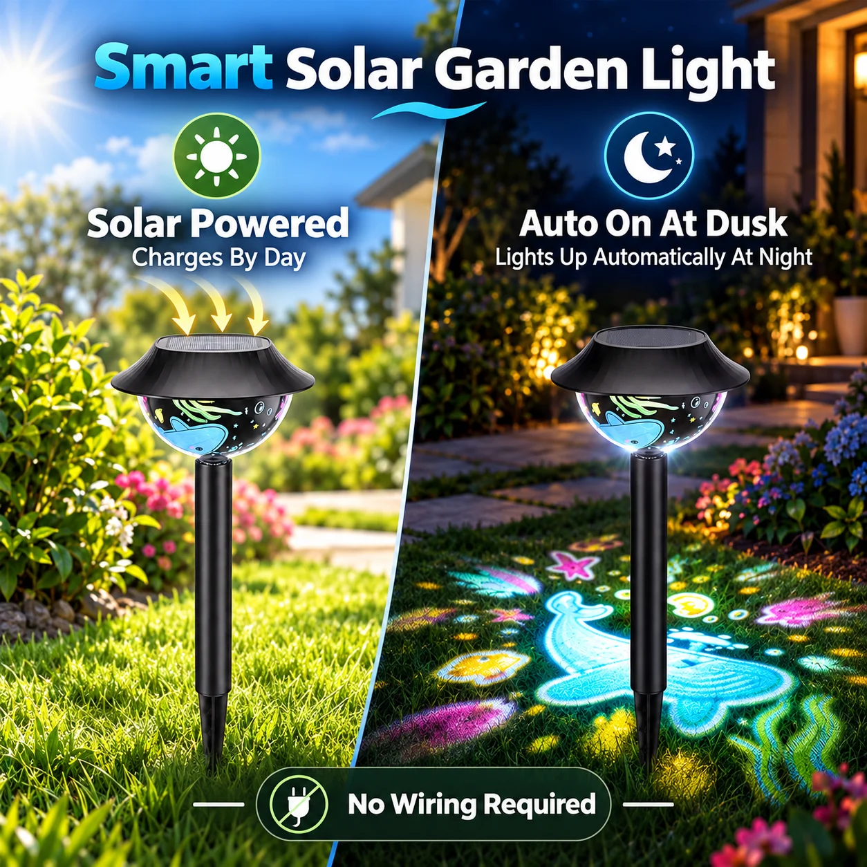 Solar Pathway Lights Outdoor, Ocean Whale Projection Garden Lights, Waterproof Solar Powered Lawn Stake Lights for Yard Patio