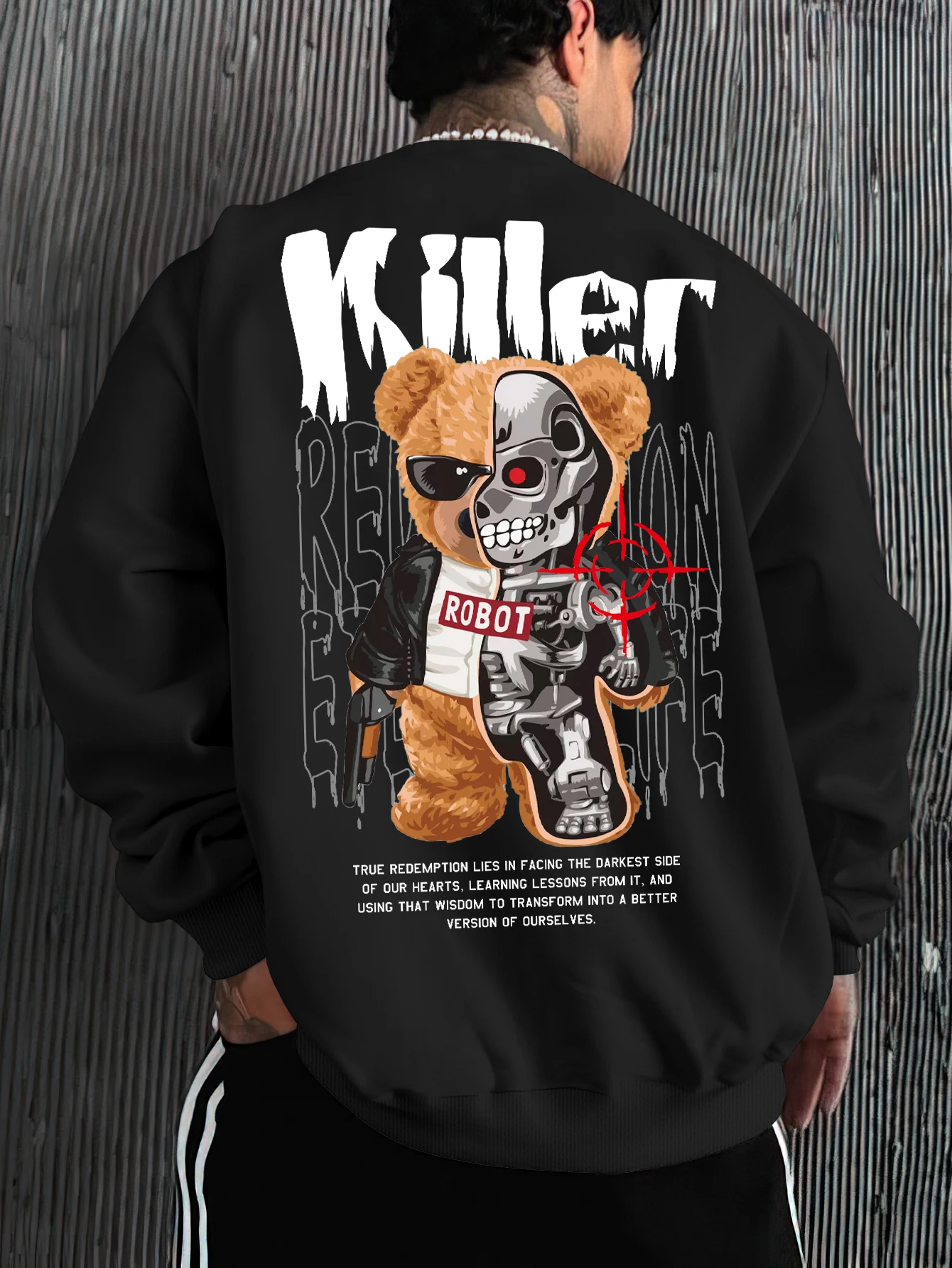 Streetwear Men Crewneck Sweatshirt Loose Fit Polyester Robot Bear Rubber Print Pullover Halloween Punk Hip Hop