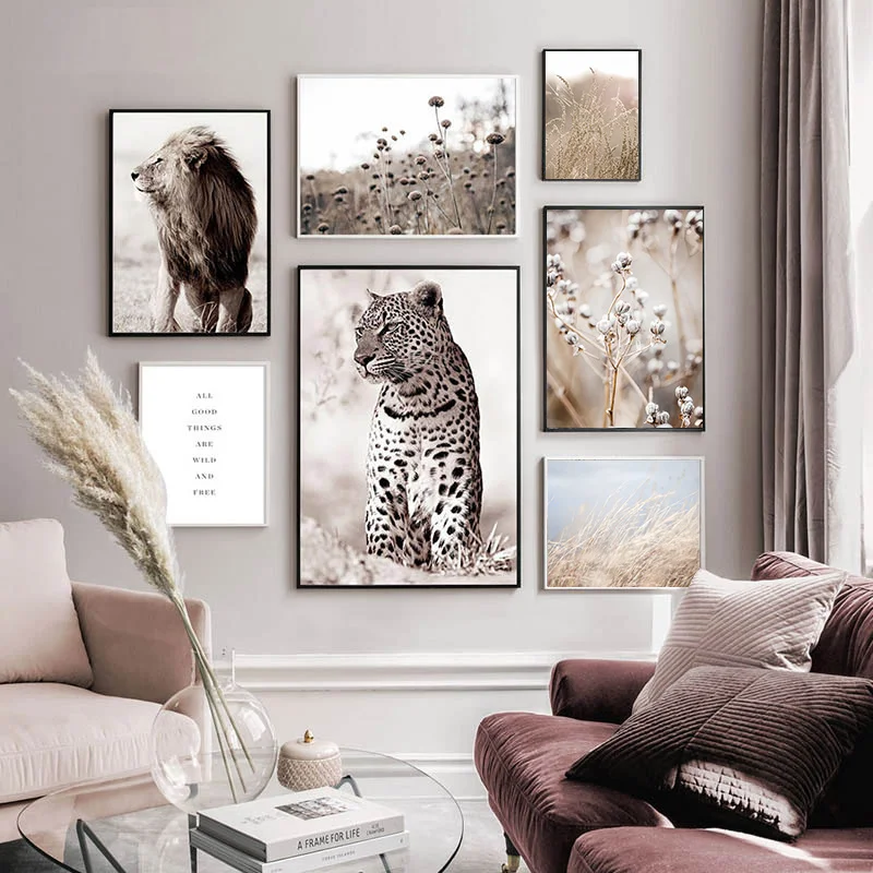 

Lion Leopard Nature Canvas Painting Reed Beige Scandinavian Decorative Wall Art Poster Print Landscape Pictures for Living Room
