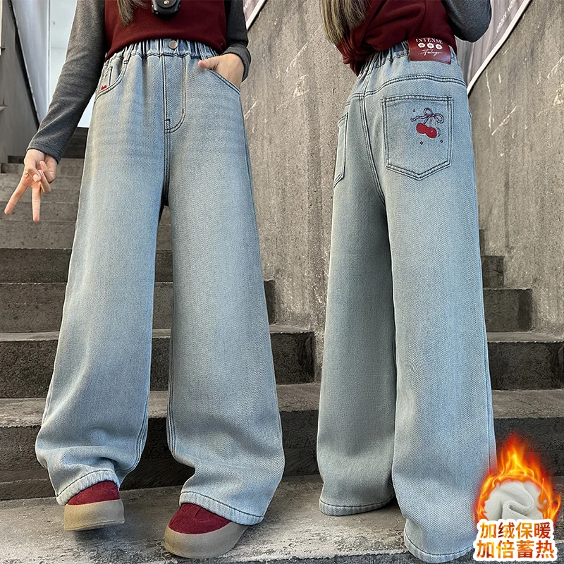 الخريف الشتاء في سن المراهقة الفتيات أفخم الجينز الصغار جيب المطرزة الدنيم بنطال ذو قصة أرجل واسعة 4 6 8 10-14 الطفل السراويل المخملية سميكة #4