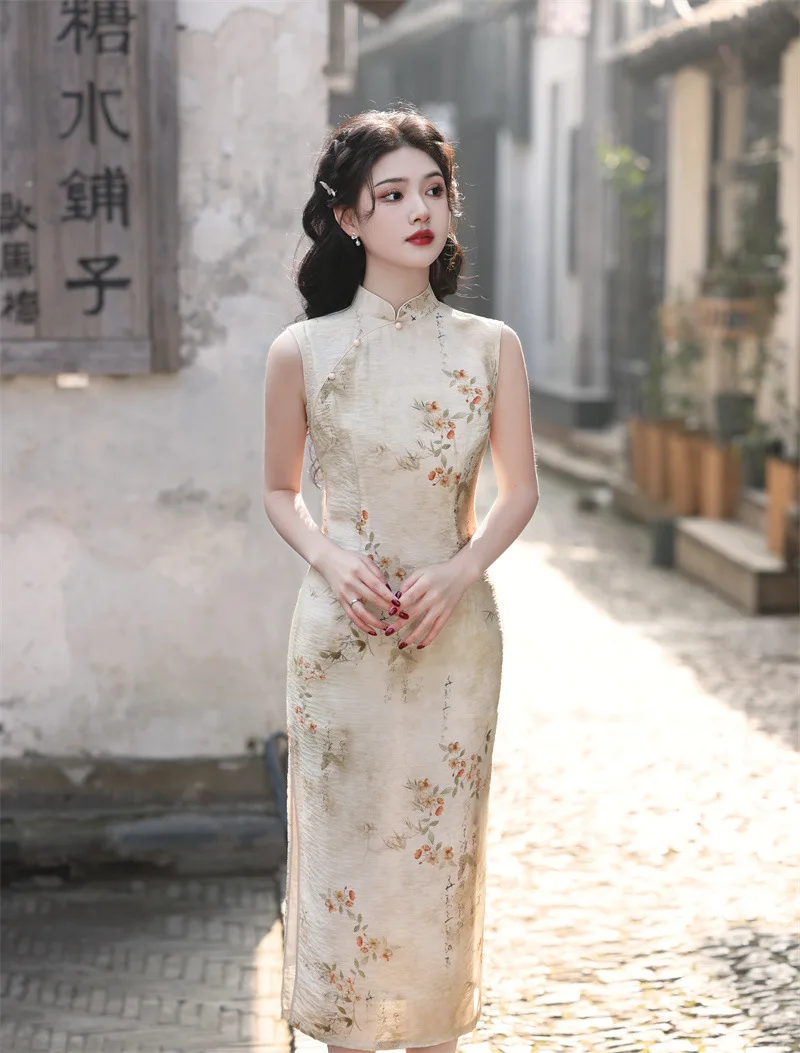 

2024 Spring/Summer New Sleeveless Cotton Hemp Printed Long Cheongsam Chinese Style Girl Standing Neck Low slit Qipao