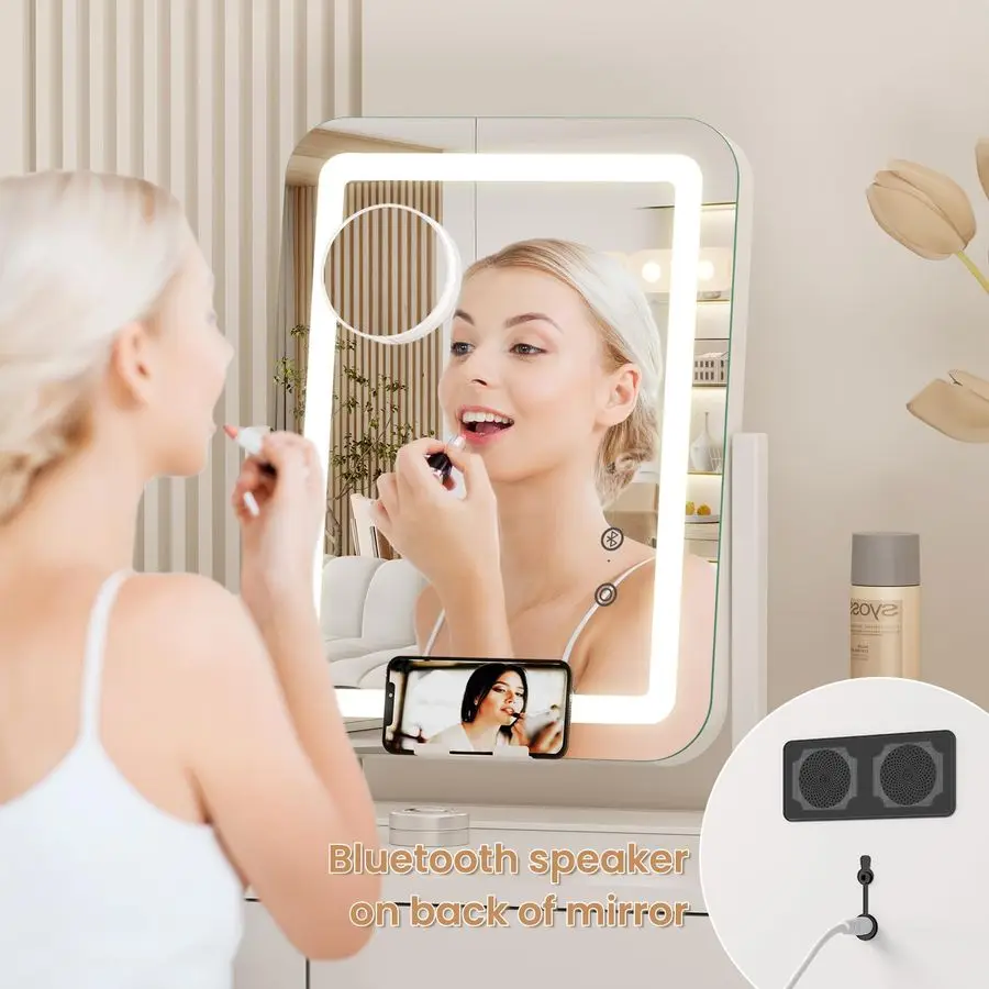 Miroir de maquillage éclairé par LED 15x12, avec chargement sans fil 12V 2A, haut-parleur Bluetooth, miroir de vanité de maquillage avec lumières, 3 couleurs Dimmab