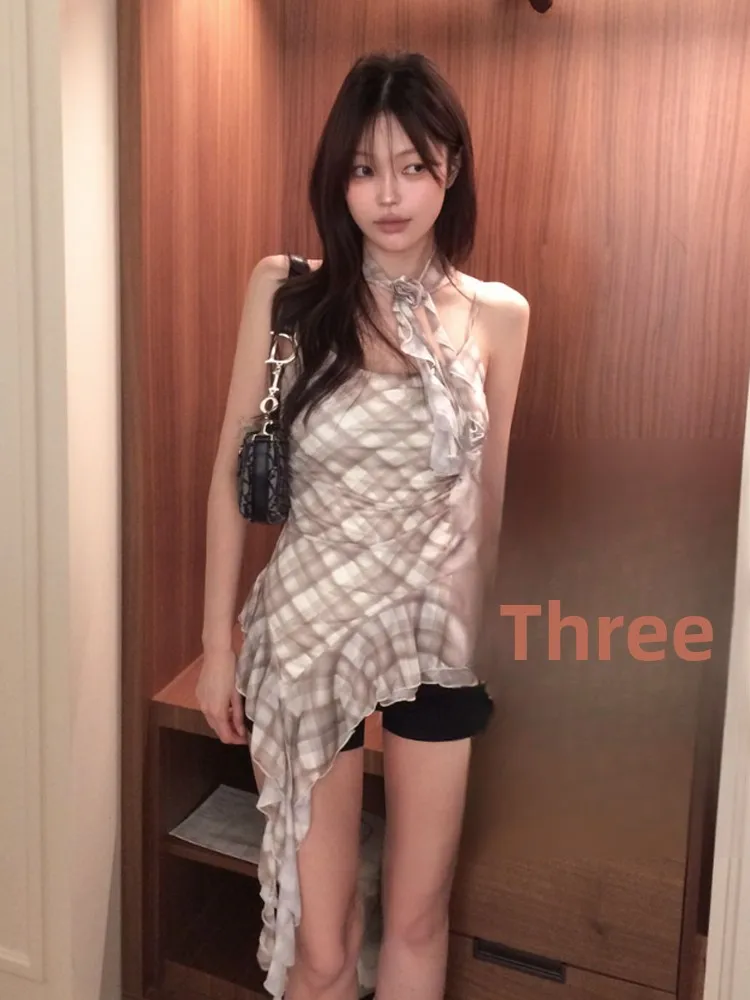 Coréen Sle été pur désir épicé fille irrégulière Plaid Bellflower Sa petite écharpe Ne sangle suspendue gilet haut