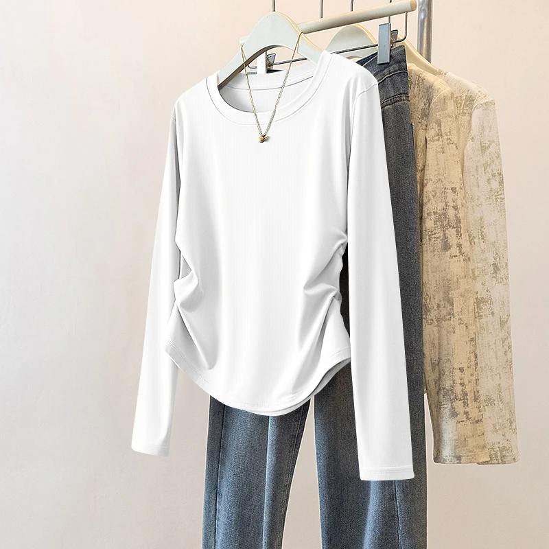 

Женская футболка Ele Long Sve, новинка весны и осени 2025, топ с высокой талией, нерегулярная верхняя часть, повседневная круглая футболка Ne