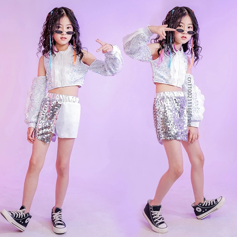Costumi di danza hip-hop e di strada per bambini, costumi di performance di danza jazz con glitter argento, set di passerelle di moda per ragazze