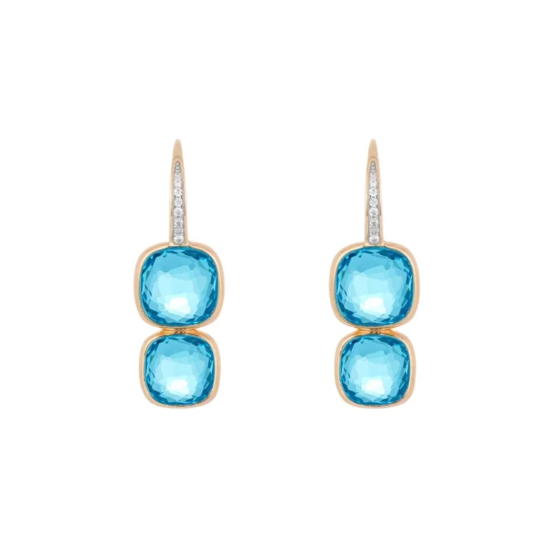 

BELLUX 925 Sterling Silver Gold Plated Double Stone Square Blue Synthetic Zirconia Earrings Elegant Jewelry for Women