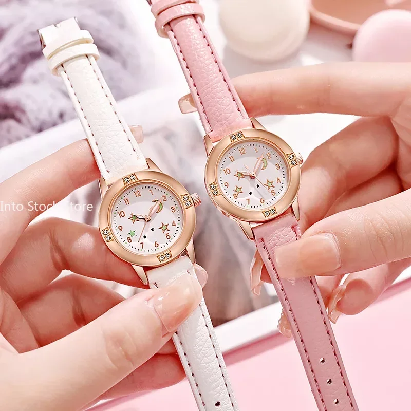 Casual Cute Star Moon Luminous Children Watch for Women Girls New Leather Female Ladies Wristwatch Quartz Clock Montre Femme