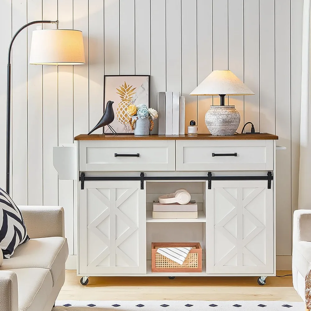 Kitchen Island with Storage, Power Outlet, Rolling Kitchen Island Cart on Wheels, Kitchen Cart with Drawers, Barn Doors