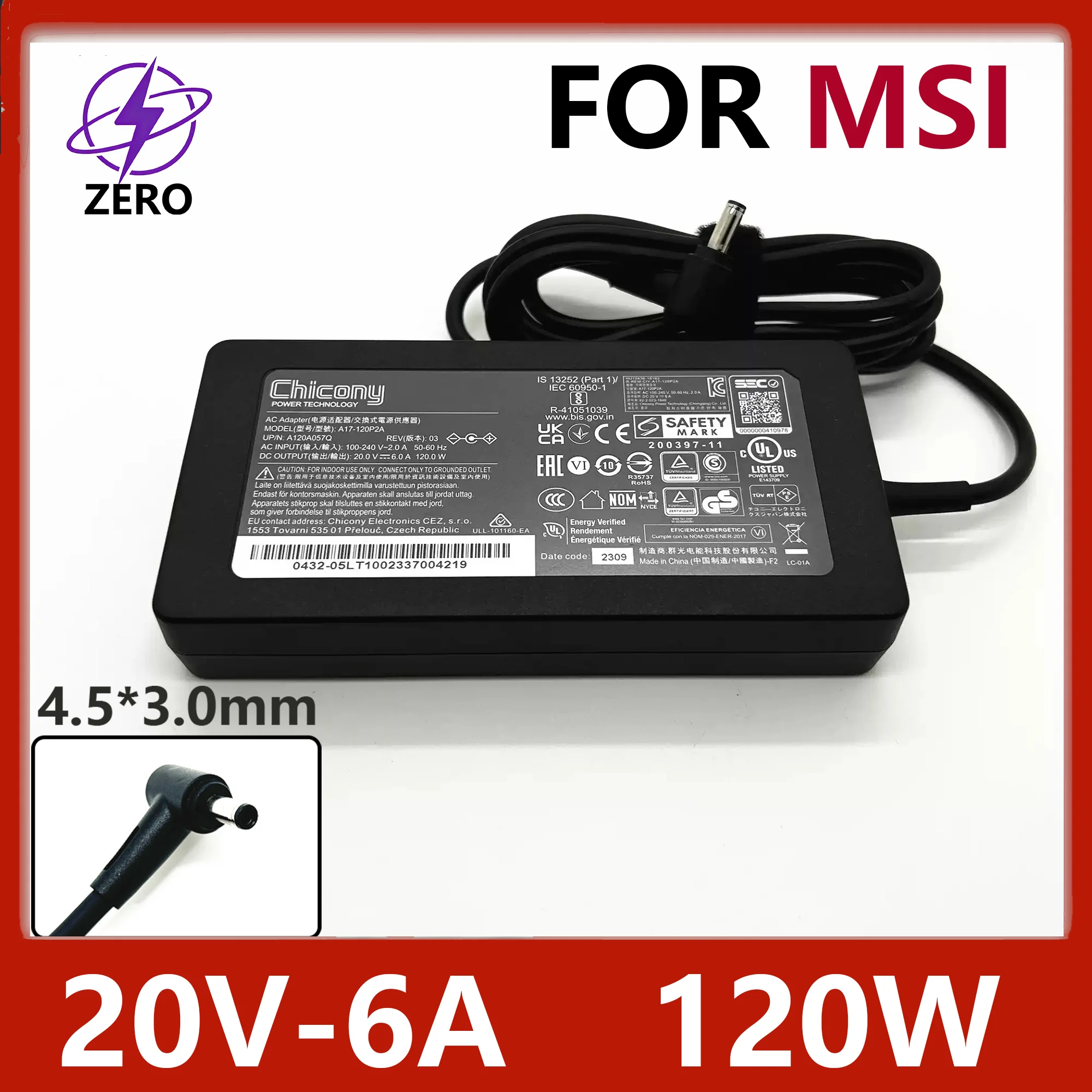 

Зарядное устройство для ноутбука 120W 20V 6A 4.5*3.0мм, адаптер питания для MSI GF63 GV15 Thin 10 11 12 MS-16R5 R6 R7