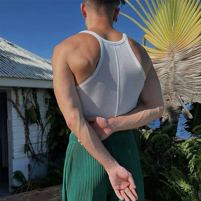 American-style T-shirt Vest Men Slim Summer Threaded Vertical Stripes Tight Elastic Fitness Sport Vest Undershirt Sleeveless Top