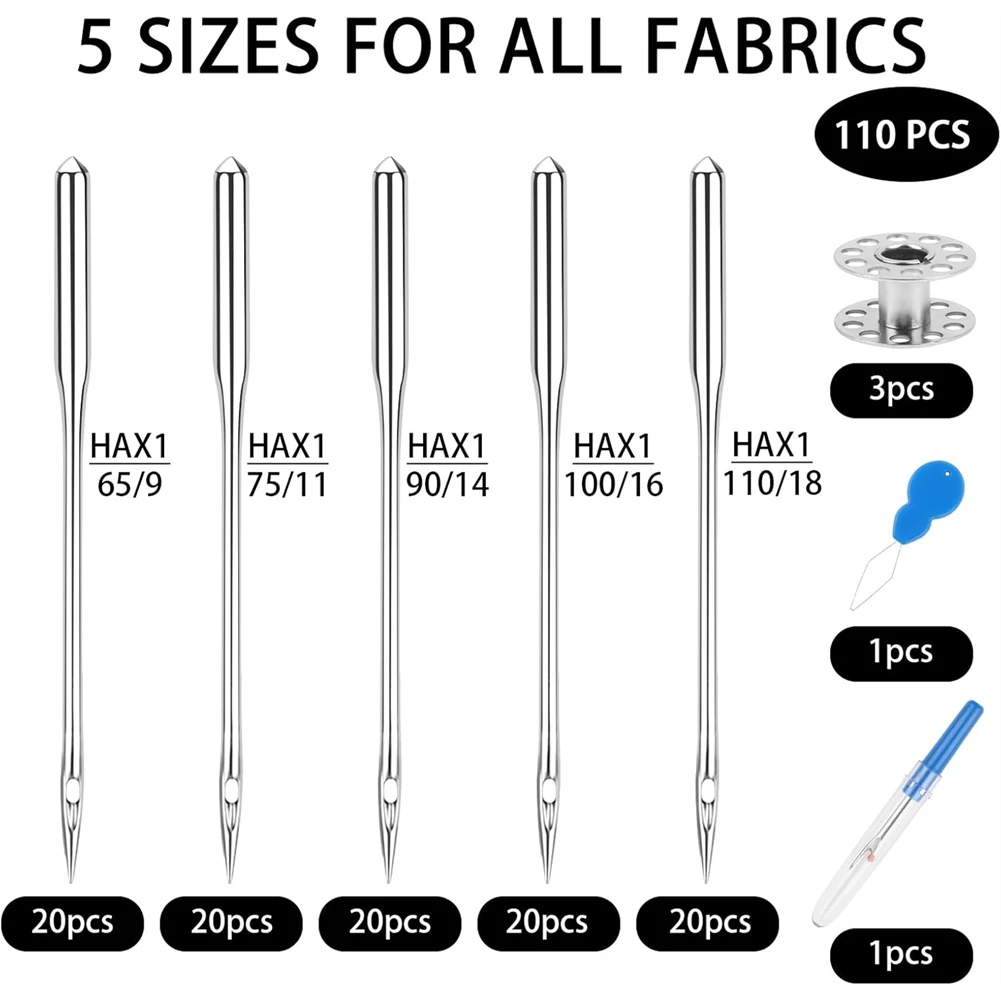 【BAAQ】 100 Pcs Universal Sewing Machine, 5 Size with Bobbin, Threader, Ripper, Compatible