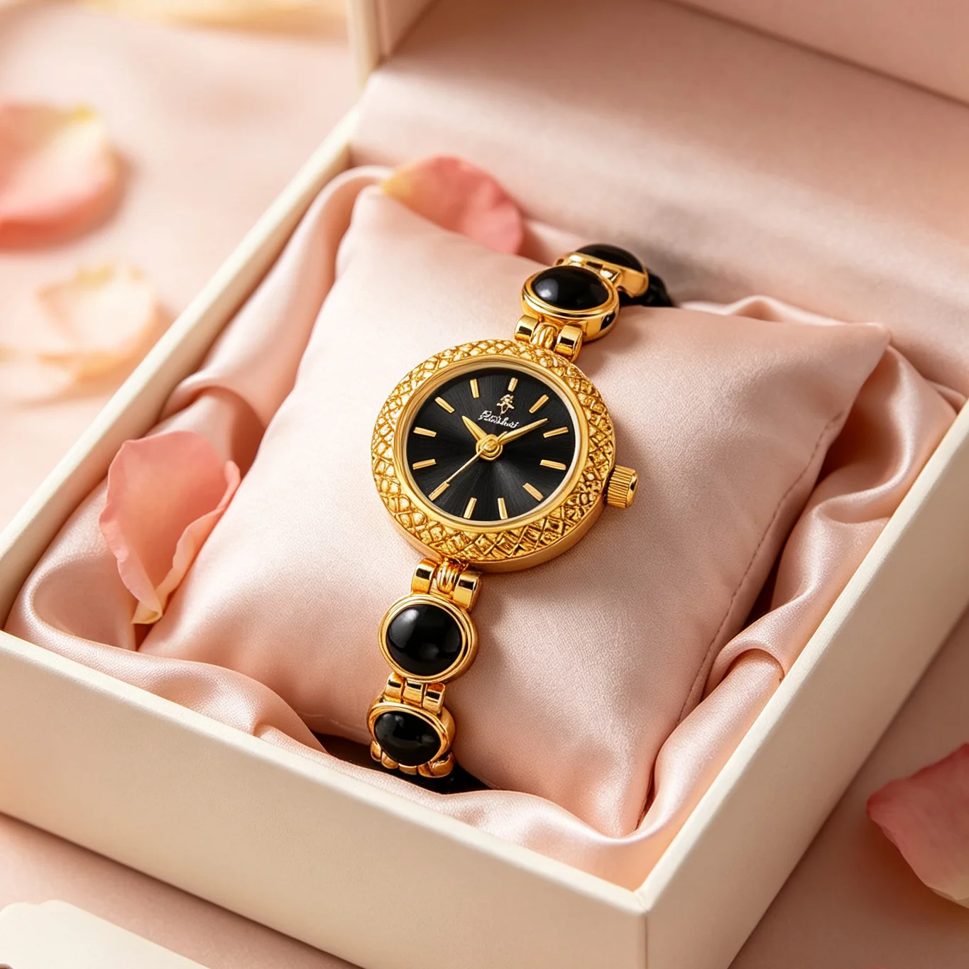 YaLaLuSi Vintage Gold Black Ladies Quartz Watch Luxury Rhinestone Bezel Bracelet Wrist Watch Gift Box For Women