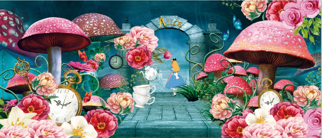 

10x20FT Personalized Fairy Tale Alice Wonderland Mushroom Pink Garden Custom Photo Studio Backdrop Background Seamless Vinyl