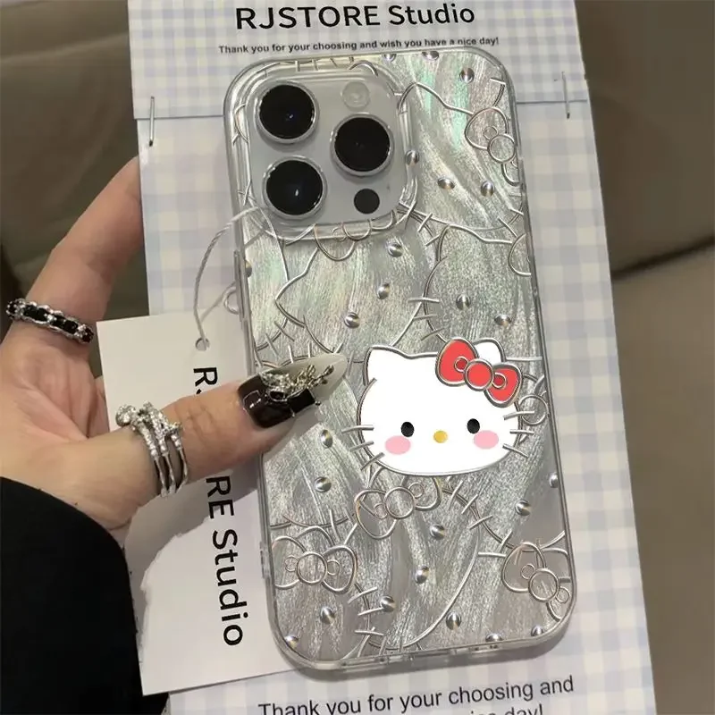 Original Silver Line Hello Kitty Phone Case for iPhone 16 15 14 Plus 13 12 11 Pro Max X Xs XR 8 7 Feather Texture Hard Cover