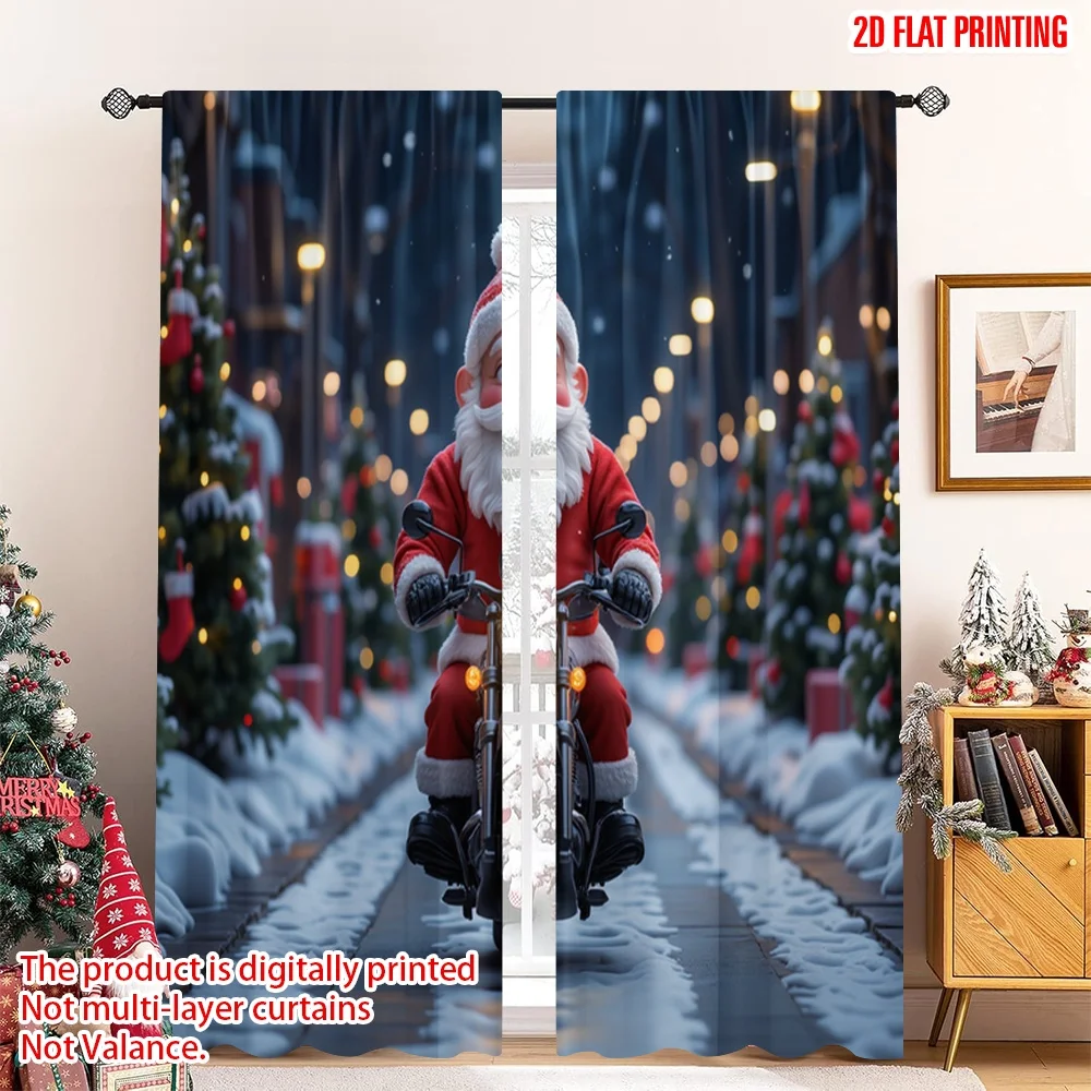 

2pcs 2D flat printing Christmas Drapes Santa Riding Motorcycle Christmas Polyester Without Electricity Holiday Decorations Use