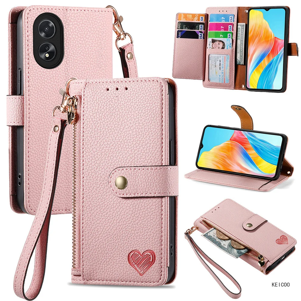 Scratch Proof Phone Cover for Oppo A38 A52 A72 A92 Phone Shell Fashion Zipper Wallet Clip Flip Cover Multi-Card Slot Phone Case