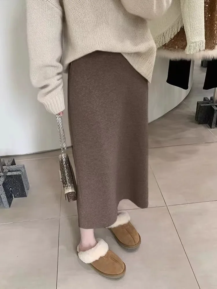 

Autumn Winter Brown Knit Vintage High Waist Skirt Woman Straight Design Harajuku Midi Sweater Skirt Female Loose Casual Clothing