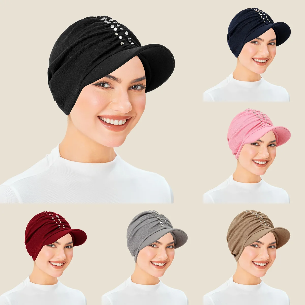 Moslim Vrouwen Brede Rand Hoed Diamanten Tulband Vizier Hoeden Baseball Cap Mode Geplooide Hoofddoek Motorkap Haaruitval Hoofddeksels Outdoor