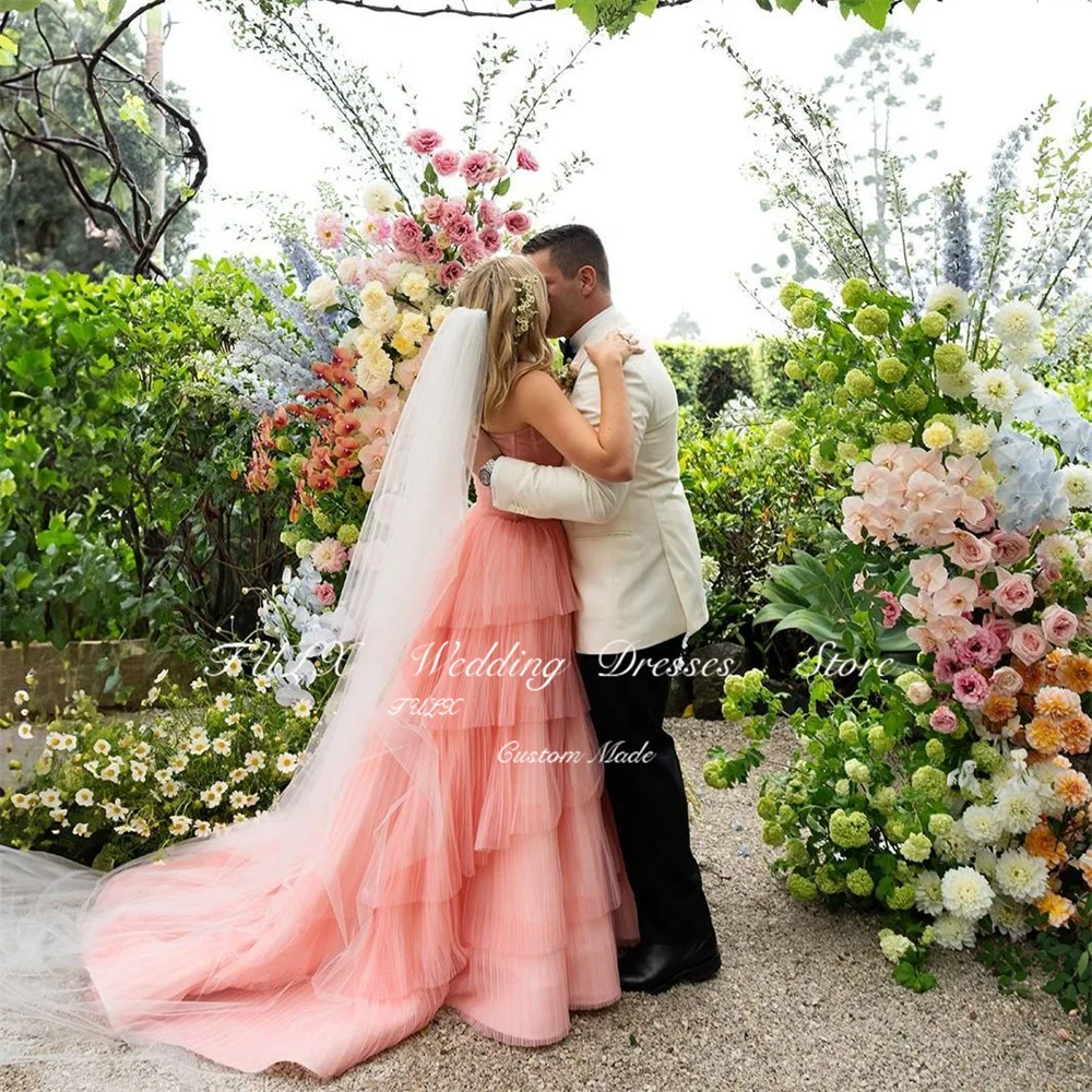 TULX Sexy Sweetheart Tulle Wedding Dress A line Corset/Zip Back Bridal Gowns Long Tiered Sweep Train Robe De Mariée Customized