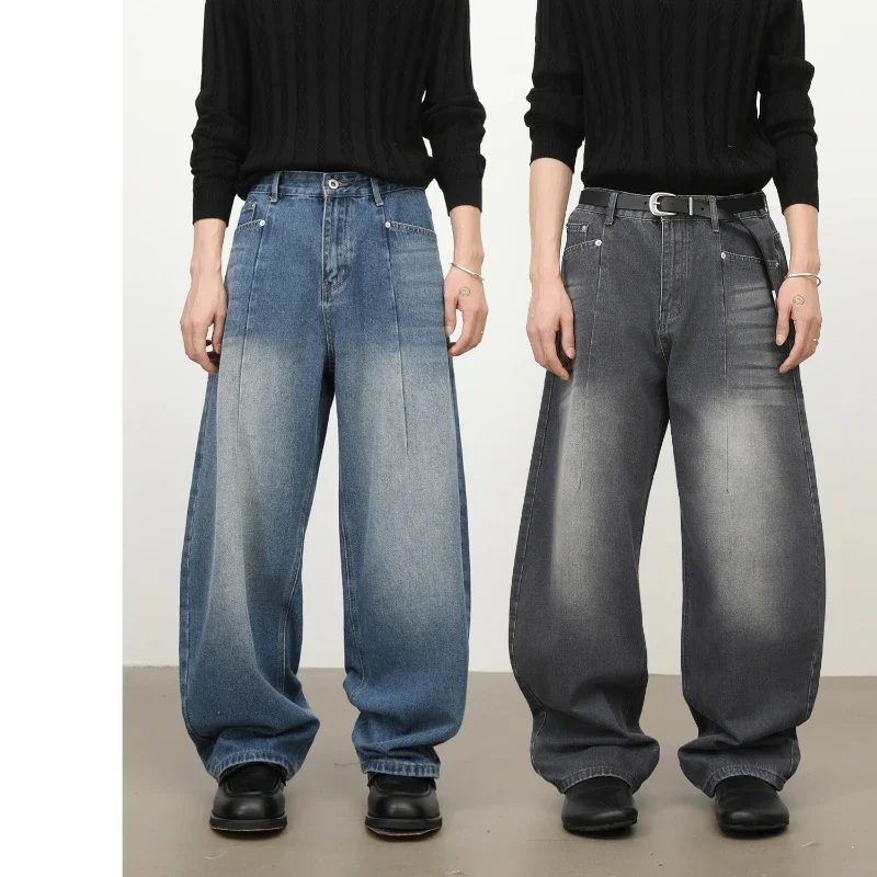 Men Vintage Washed Wide Leg Jeans Vertical Seam Pleated Loose Baggy Denim Trousers Streetwear Casual Korean Style Y2k Pants