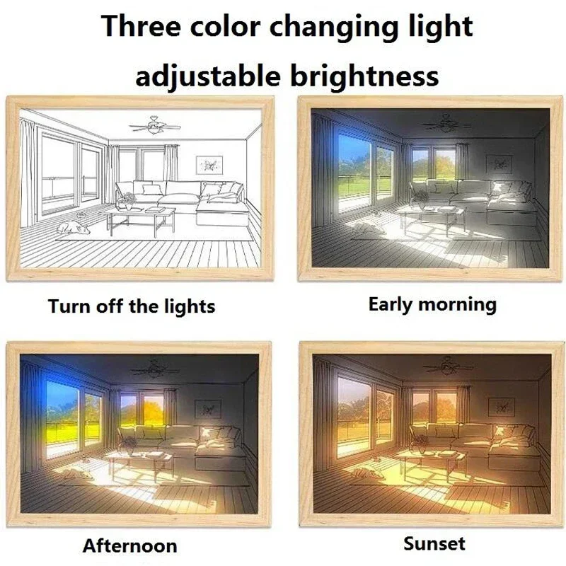

Decorative LED Light Painting USB Plug Dimming Wall Artwork Table Lamp Gift Indoor Sunlight Window Wooden Photo Night Luminous