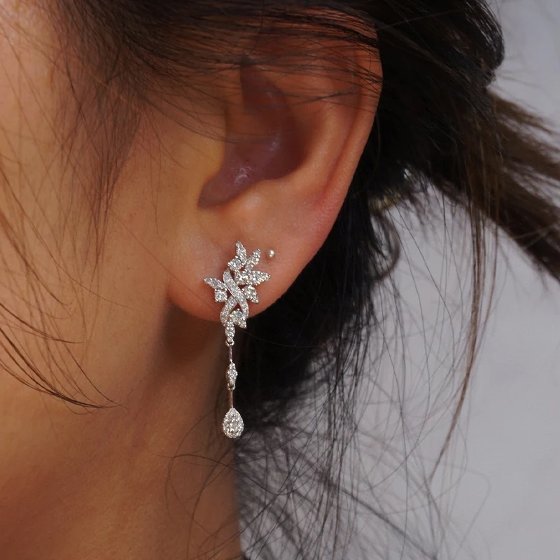 Aazuo Luxury18K White Gold Real Diamond 1.02ct High Quality Fairy Drop Chain Stud Earrings Gifted For Women Senior Banquet Au750