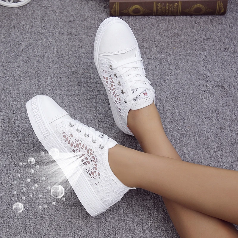 Women Shoes  Fashion Summer Casual White Shoes Cutouts Lace Canvas Hollow Breathable Platform Flat Shoes Woman Sneakers