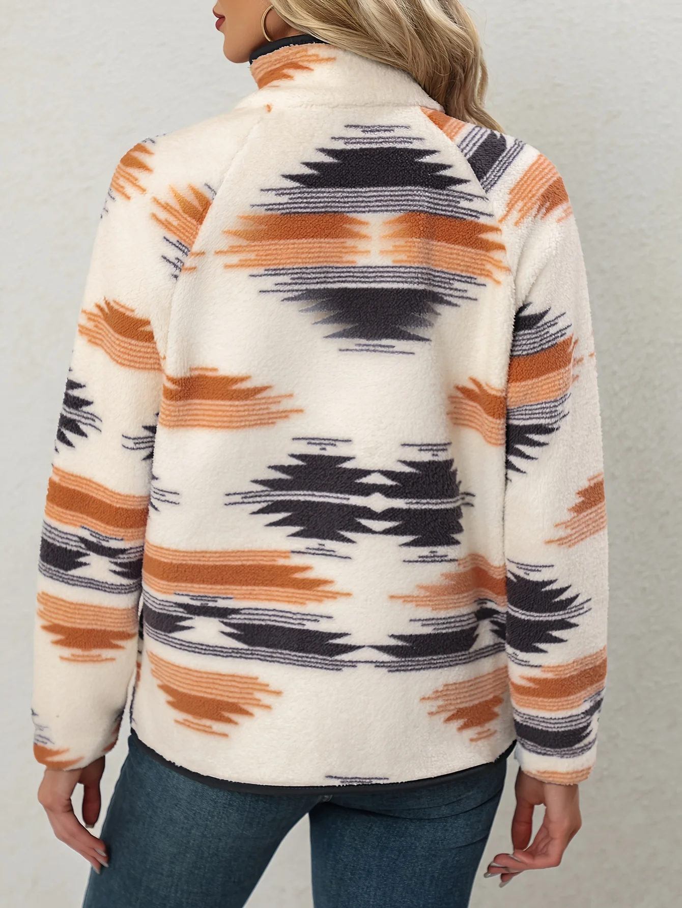 Ladies Fashion Fleece Stand-Up Collar Jacket Ethnic Pattern Long Sleeves Warm Stylish Women's Outerwear