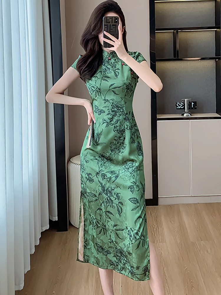 

Summer Green Floral Vintage Cheongsam Dress Women Short Sleeve Bodycon Festival Long Dress 2025 Korean Elegant Party Night Dress