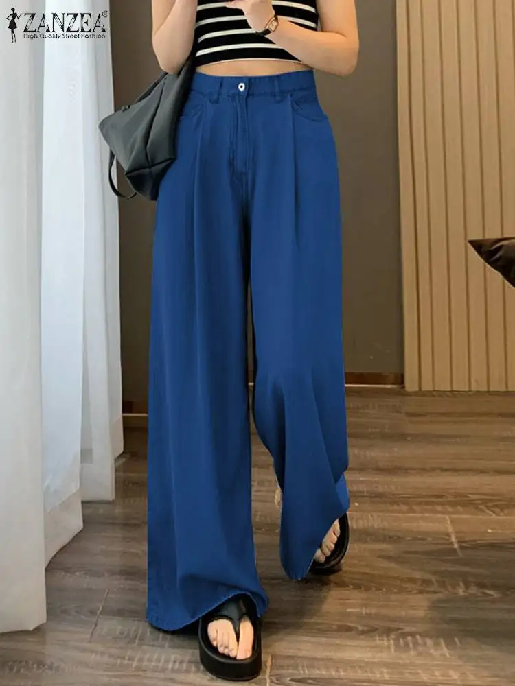 

Fashion High Waist Long Pants ZANZEA Women Wide Leg Jeans 2024 Summer Pocket Pleating Pantalones Casual Loose Demin Trouser Femm