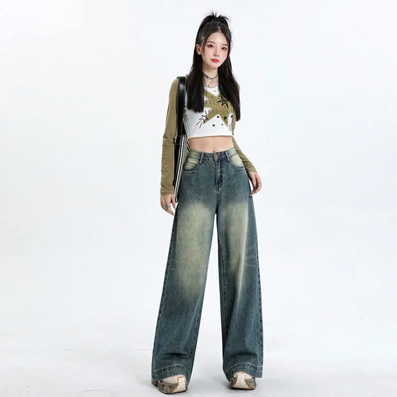 여성용 럭셔리 레트로 하이웨이스트 청바지 |   봄 가을 아메리칸 스트리트 스타일 슬림 루즈 와이드 레그 바지