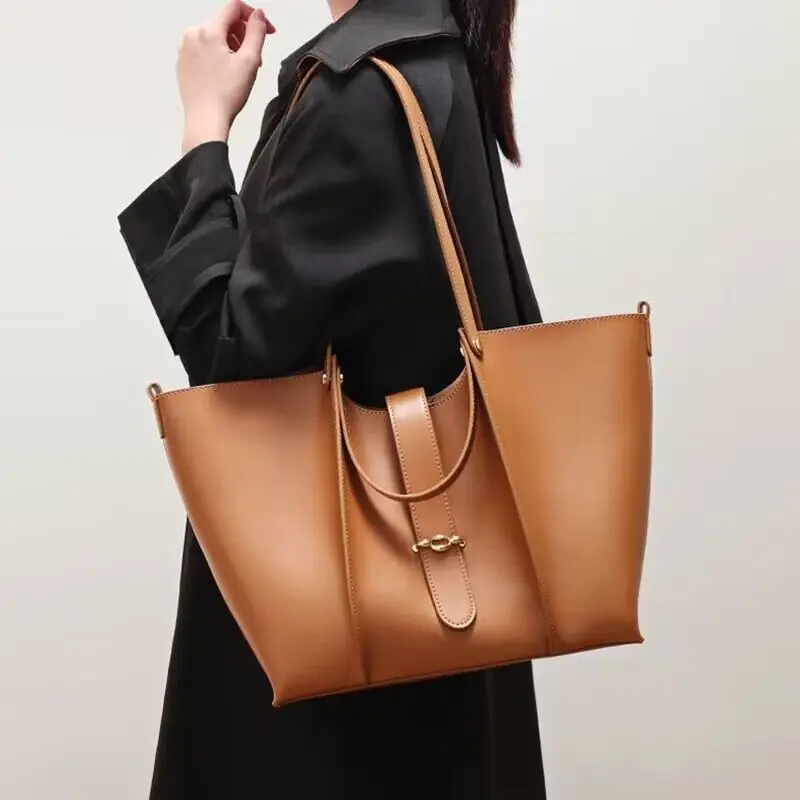 Women\'s Genuine Leather Tote Bag One Shoulder Bag Fashion Large Capacity Bucket Bag Shopping Bag New Ladies Business Handbag