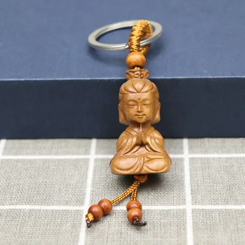 Fashion Cute Wooden Keychain Buddha Monk Carving Pendant Key Ring Person Shape Key Holder Jewelry Gift Accessories