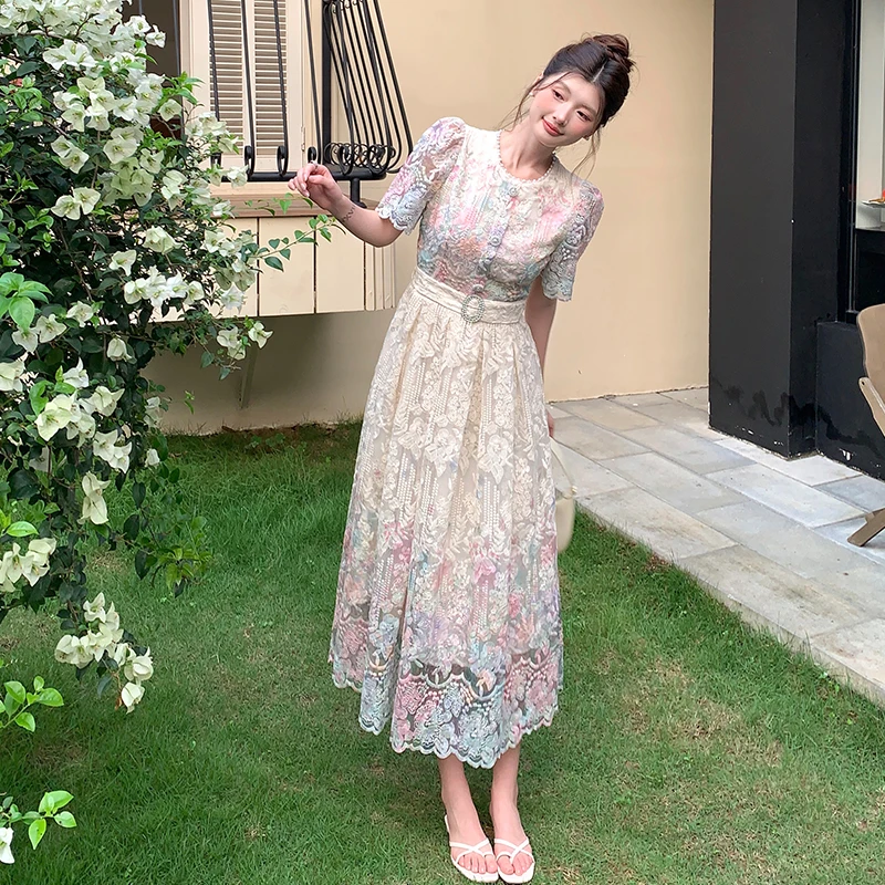 Elegant Lace Print Short Sleeve Waist-Cinching Dress Women's Summer High-End Feel Long Dress Country Style Fashionable Commut...