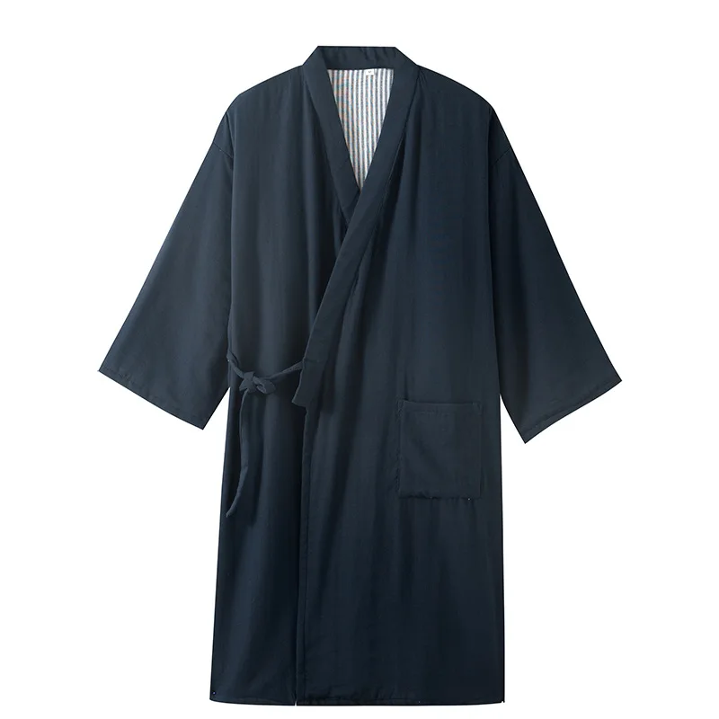 

Мужские хлопковые кимоно-халаты темно-синего цвета, тонкие, дышащие, для весны и лета, пижамы, мужские банные халаты