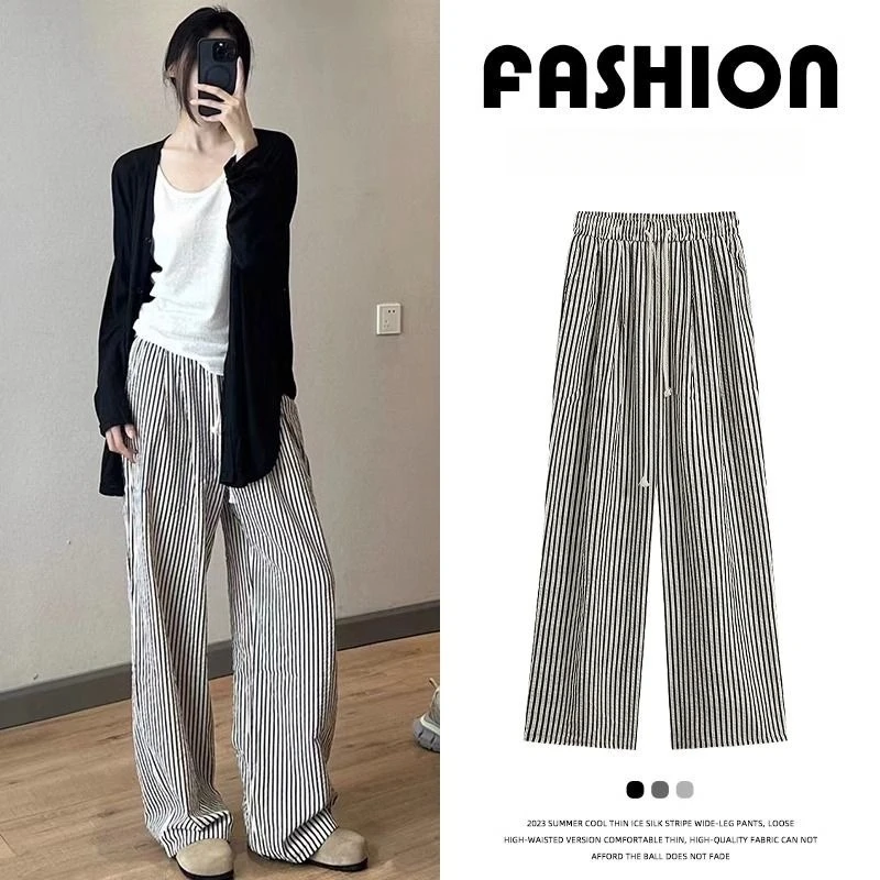 

Women's Striped Print Drawstring Waist Wide Leg Pants Casual High Waisted Trousers for Daily Wear Ladies Bottoms for All Seasons
