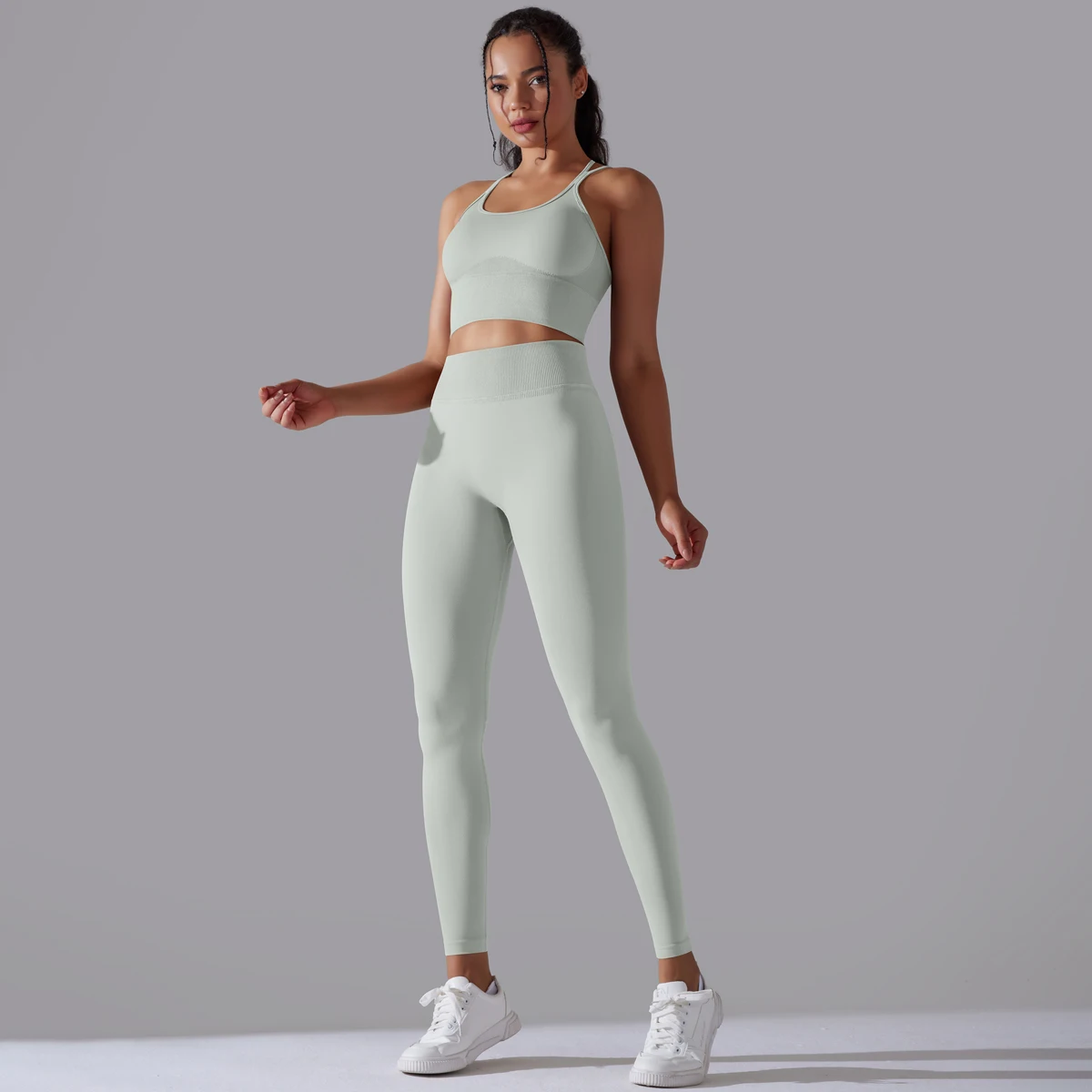 Gebürstetes Yoga-Set für Damen, 2-teilig, Workout, Sportbekleidung, überkreuzter Rücken, Sport-BH, hohe Taille, Leggings, Fitnessstudio, Kleidung, Sportanzüge – Detail 36