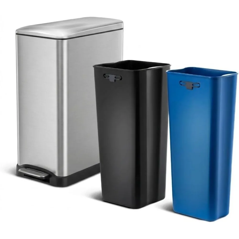 

Мусорное ведро для кухни с двумя отделениями, 13 галлонов, узкое, с плавно закрывающейся крышкой, педалью и ножным механизмом, из нержавеющей стали