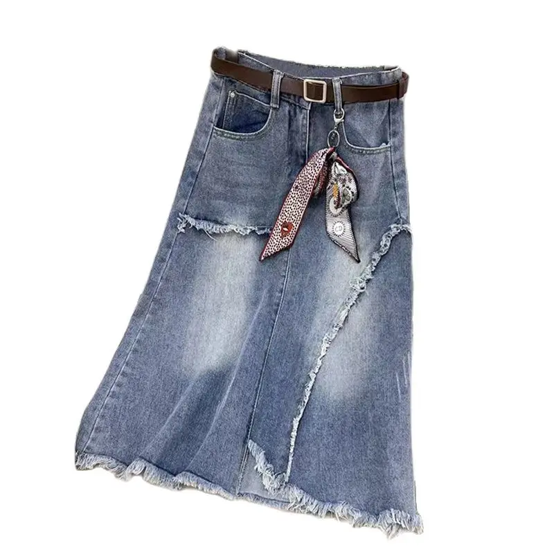 2024 New High waisted Denim Skirt 5XL Women Slim Vintage Tassel Jeans A-line Skirts Casual Women\'s Long Skirt Street Clothing