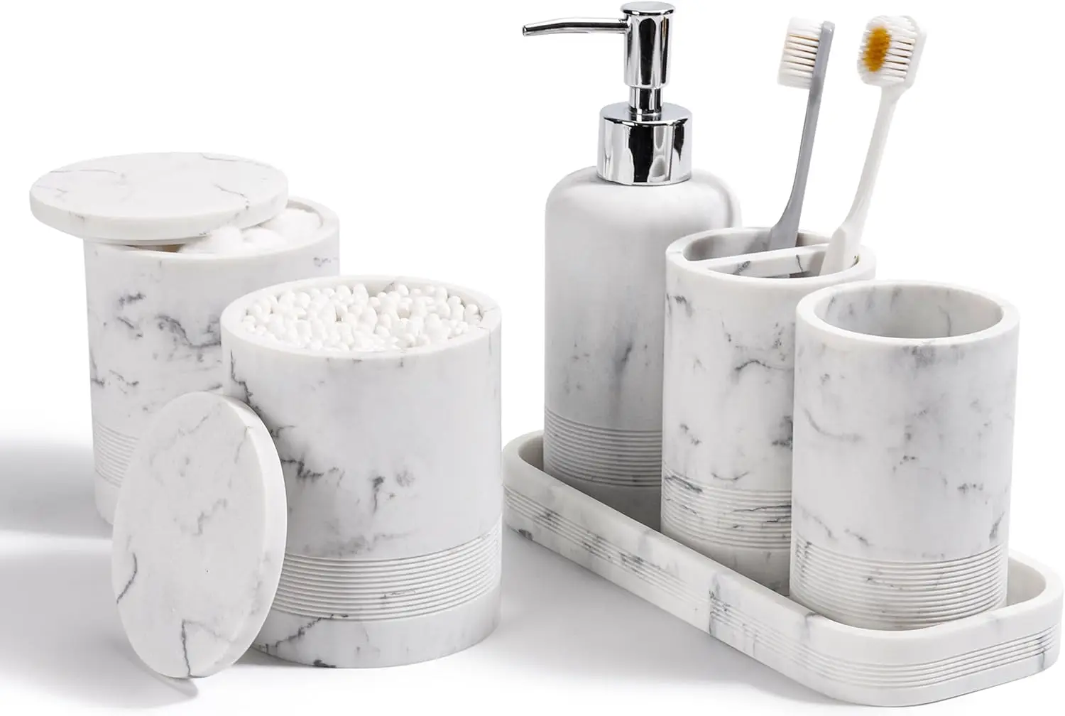 

6-Piece Bathroom Accessory Set with Toothbrush Holder, Soap Dispenser, Vanity Tray, Tumbler & Cotton Swab Jars in Marble White