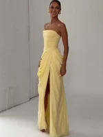 Elegant Strapless Pleated Dress Yellow Women Chic Sleeveless Waist Cinching Split Maxi Gowns Lady Evening Party Vestidos 2026 - Image 3