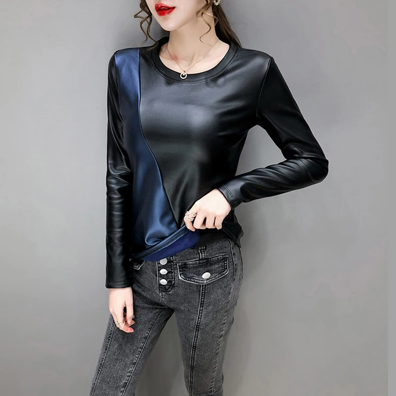 Autumn Winter Warm Shirts Women O Neck PU Leather Thicken Velvet Slim Tops Long Sleeve Elasitc Blouse Spliced Patchwork Blusas