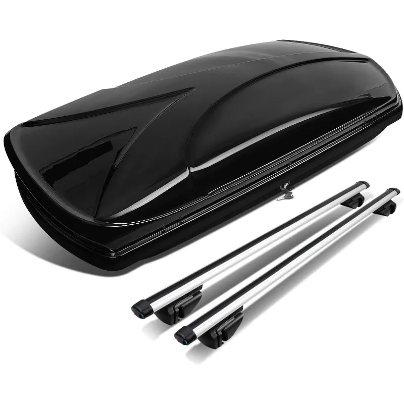 

Rooftop Cargo Box Carrier + Adjustable Aluminum Roof Rail Cross Bars, Lockable Waterproof Hard Shell Top Mount Carr