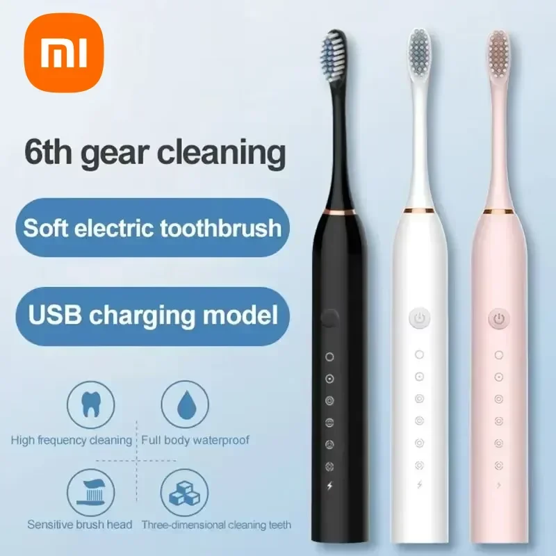 Brosse à dents électrique à ultrasons pour adultes, nettoyeur de dents étanche, mode 6 vitesses, livres profonds automatiques, chargement USB,