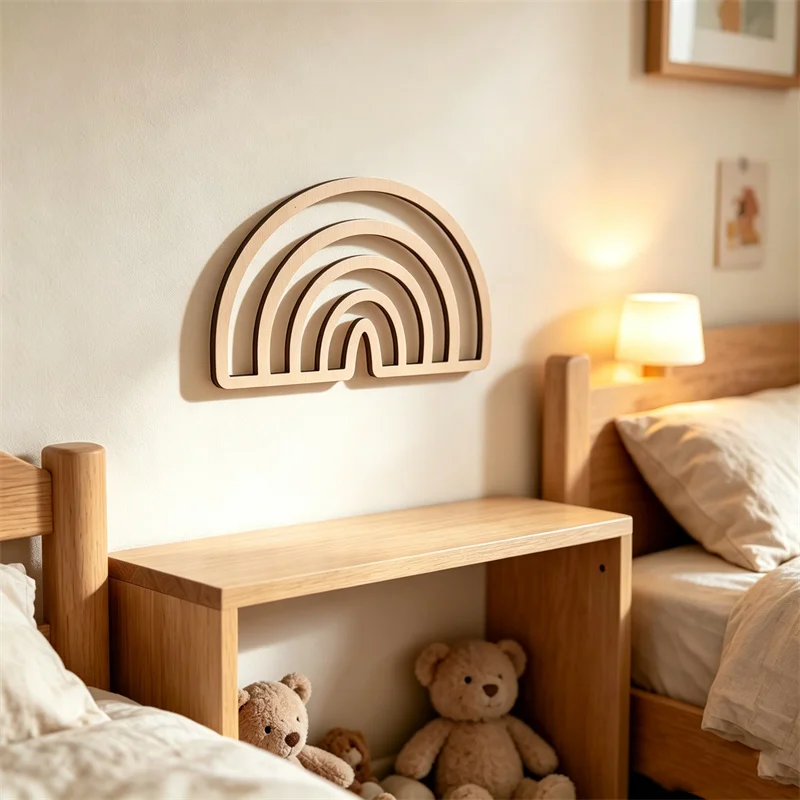 Ins Nordic Style Wooden Rainbow Wall Stickers for Children's Room Home Wall Decoration Mural Background Art Decoration Children's Room Bedside Background Wooden Rainbow Wall Decoration