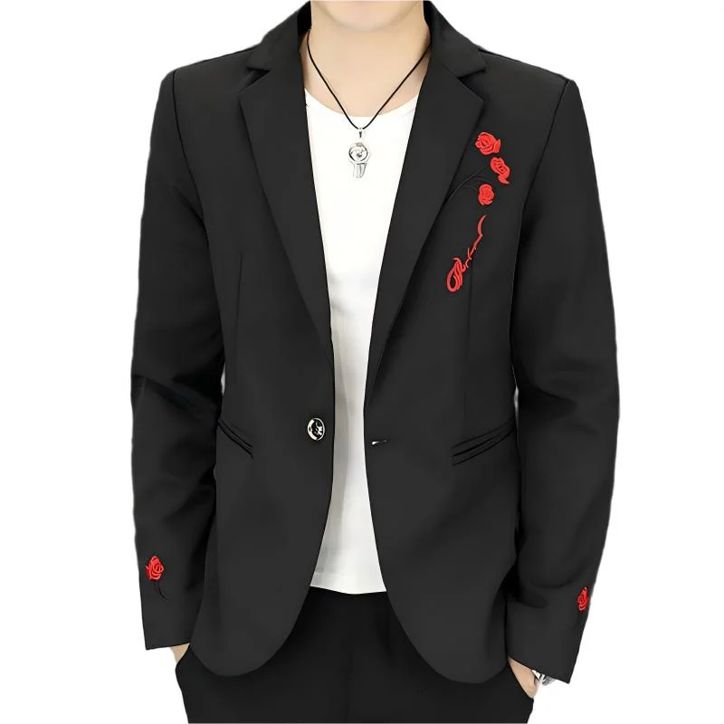 

Rose Embroidery Men Floral Casual Blazer Single Button Spring Autumn Korean Style Mens Suit Jacket Black / White