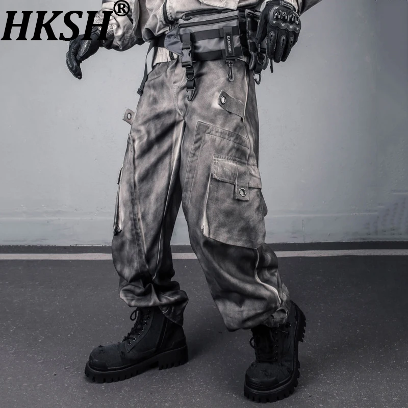 

HKSH Autumn Winter New Men Waste Land High Street Retro Washed Pleated Heavy Fleece-Lined Thickened Pockets Cargo Pants HK16515