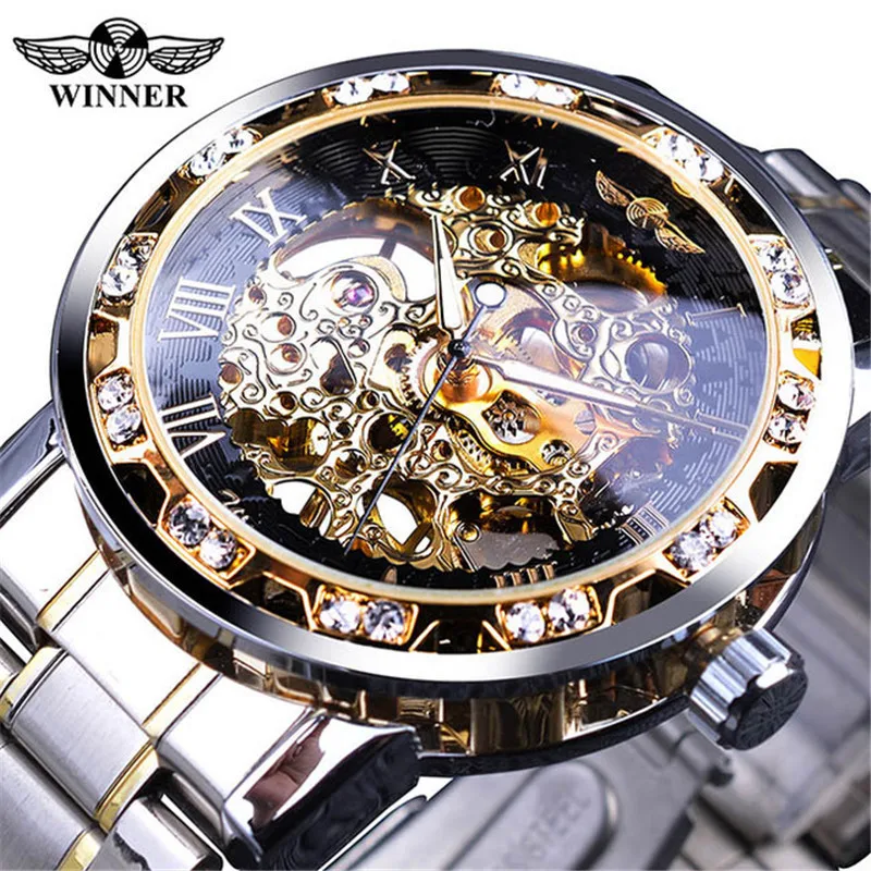 Official brand free shipping Men's Fashion Casual Classic Popular Hollow Rhinestone Manual Mechanical Watch